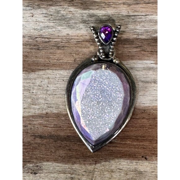 Sterling Silver Teardrop Druzy  Amethyst Pendant Sajen 925 - Picture 1 of 8